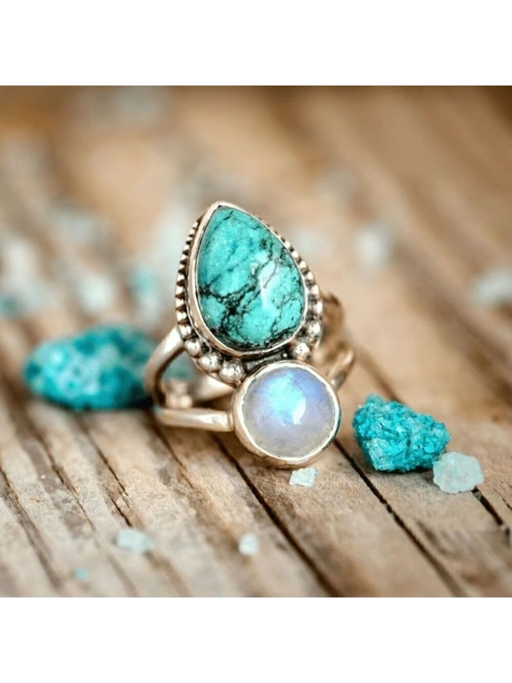 Boho Style Ring Inlaid Waterdrop Shape Turquoise Color Spherical Moonstone Match - Picture 8 of 8